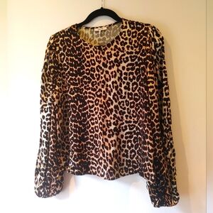 Ganni Leopard Zip Front Balloon Sleeve Blouse Size 40